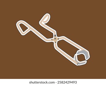 Lab tongs clamp icon illustration design, laboratory tool for clamping test tubes or universal clamp tool with its handle, simple realistic icon vector in sticker style isolated on brown background