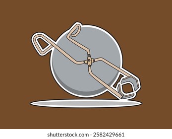 Lab tongs clamp icon illustration design, laboratory tool for clamping test tubes or universal clamp tool with its handle, vector icon in black outlined sticker style isolated on brown background