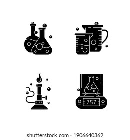 Lab Tools Black Glyph Icons Set On White Space. Liquid Volume Measurement. Bunsen Burner. Lab Balance. Laboratory Vessel And Container. Silhouette Symbols. Vector Isolated Illustration