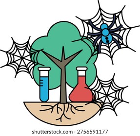 Lab tools sit beside a tree, rooted in soil. Spiderwebs frame the scene, hinting at mystery. Single spider rests in a web, watchful and still. Nature meets science in this minimalist sketch