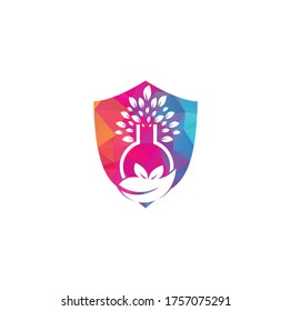 Lab tree shield shape concept logo. Green lab vector logo design.