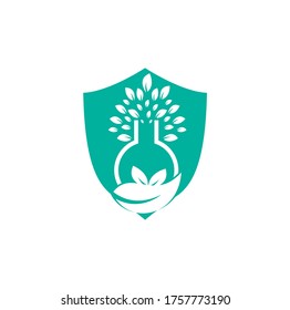 Lab tree shield shape concept logo. Green lab vector logo design.