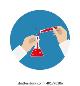 lab tube icon. Chemists scientists equipment, Chemistry flask with red liquid isolated on blue background. vector illustration. Hands witg tube