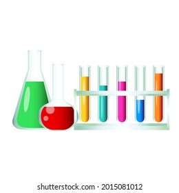 Lab tubes and flasks with chemical multicolored liquids vector illustration isolated on white background.
