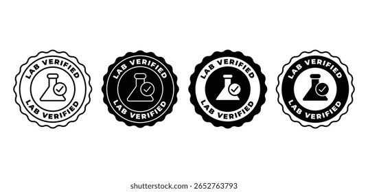 Ícones verificados laboratoriais configuram selos circulares em preto e branco com marcas de verificação Vetor Design