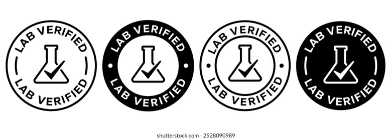 Etiqueta verificada do laboratório, logotipo, emblema, ícone, adesivo, símbolo, emblema, selo, preto, linha, vetor plano, ilustração isolada. Etiqueta verificada pelo laboratório para o design da embalagem do produto.