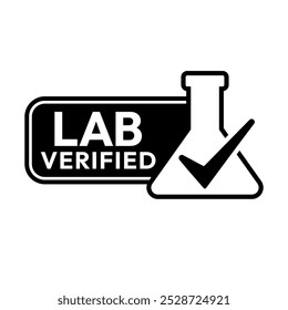 Etiqueta verificada do laboratório, logotipo, emblema, ícone, adesivo, símbolo, emblema, selo, preto, linha, vetor plano, ilustração isolada. Etiqueta verificada pelo laboratório para o design da embalagem do produto.