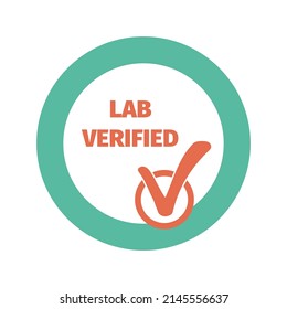 Lab Verified Packaging Label For Certified Product. Isolated On White Round Sticker With Red Check Mark. Approve Product Emblem, Quality Assurance Emblem, Vector Illustration