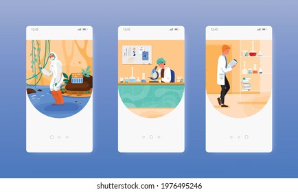 Lab water testing, quality, purity analysis. Mobile app screens, vector website banner template. UI, web site design.