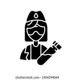 Lab worker black glyph icon. Clinical diagnostic. Blood test. Laboratory chemist. Doctor with tube. Hospital examination. Health check. Silhouette symbol on white space. Vector isolated illustration