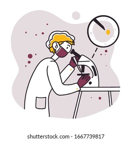 Lab worker doing research. Scientist using microscope, studying microbe or virus flat vector illustration. Laboratory, chemistry, medical test concept for banner, website design or landing web page