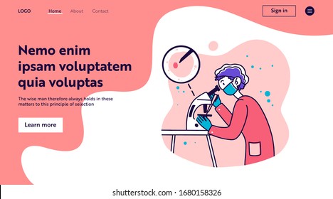 Trabajador de laboratorio haciendo investigación. Científico que usa microscopio, estudia microbio o virus de ilustración plana vectorial. Laboratorio, química, concepto de prueba médica para banner, diseño de sitios web o página web de aterrizaje