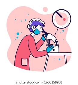 Trabajador de laboratorio haciendo investigación. Científico que usa microscopio, estudia microbio o virus de ilustración plana vectorial. Laboratorio, química, concepto de prueba médica para banner, diseño de sitios web o página web de aterrizaje