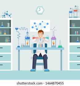 Trabajador de laboratorio haciendo ilustraciones vectoriales de prueba. Químico masculino, investigador mezclando líquidos en los tubos de ensayo personaje de caricatura. Científico, farmacólogo que crea sustancias experimentales, medicación en laboratorio