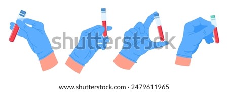 Lab worker hands holding blood samples. Medical doctors hands with blood test tubes flat vector illustration set. Blood test tubes in lab assistant hands