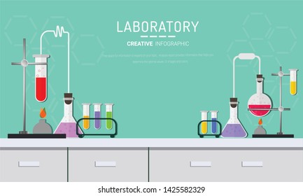 Lab worker table computer chemical research process. Pharmaceutical pharmacology science laboratory. Science, education, chemistry, experiment, laboratory concept. vector illustration in flat design.