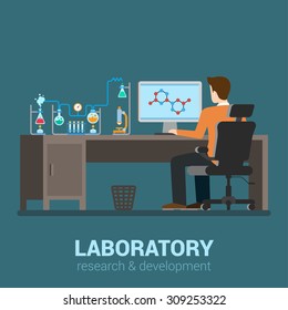 Lab Worker Table Computer Chemical Research Process. Pharmaceutical Pharmacology Science Laboratory. Flat Style Modern Professional Job Related Icon Man Workplace Objects. People At Work Collection.