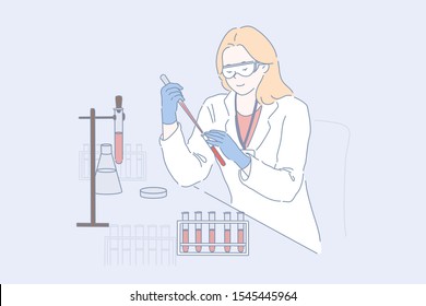 Lab Worker At Work Concept. Female Researcher, Doctor In Protective Glasses And White Coat Making Blood Test, Young Chemist, Pharmacologist Studies Samples In Scientific Experiment. Simple Flat Vector