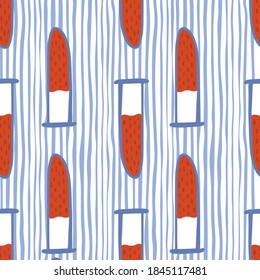 Labormedizin nahtloses Muster mit Doodle Flass Bulb Elementen. Flasche mit Blut auf unscharfem, gestreiftem Hintergrund. Tolle Kulisse für Stoffdesign, Stoffdruck, Umhüllung, Abdeckung. Vektorgrafik.