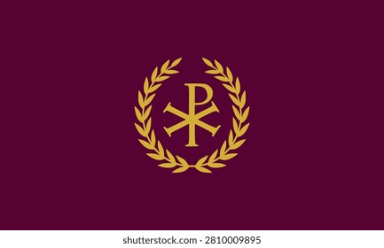 Labarum flag of Constantine the Great, golden Chi-Rho christogram emblem on purple imperial background, Late Roman and Byzantine vector illustration