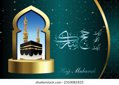 Labbayk Allaahumma labbayk, Month of Zilhajj, Arabic Calligraphy of Hajj Mubarak and picture of Kaaba with graphics illustration