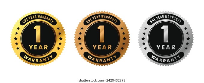 Label 1 year warranty in gold, silver, bronze premium luxury design. One years warranty. Vector Illustration