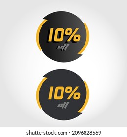 Etiquetar 10% en círculo con puntas negras y amarillas, estilo moderno y letras y números con y sin sombras