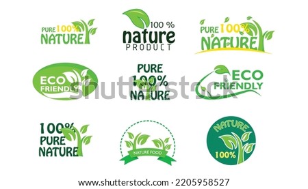 label 100 natural, environmentally friendly, pure natural product. icon set. editable flat icons