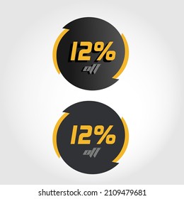 Label 12% off in circle with black and yellow tips, modern style and letters and numbers with and without shadows