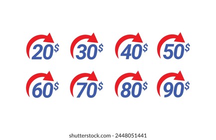 Etiqueta con 20, 30, 40, 50, 60, 70, 80, Plantilla de flecha de 90 dólares para juego de Tarjetas de regalo. Elemento de diseño para la entrega o compra de descuento etiqueta de venta, Cupón y Ilustración vectorial de insignia.