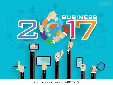 Label 2017 text World of Business Success modern design Idea and Concept Vector illustration with icon, hand, cellphone, Magnifier.
