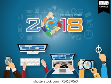 Label 2018 text World of Business Success modern design Idea and Concept Vector illustration with icon,Computer,Cellphone, Tablet, Laptop.