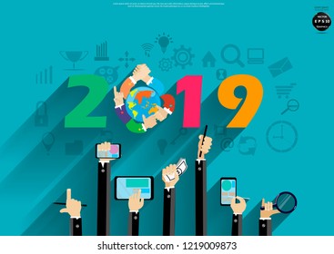 Label 2019 text -  Businessman Hand - World of Success - modern design Idea and Concept Vector Business  illustration with icon, cellphone, Magnifier.
