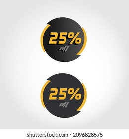 Label 25% off in circle with black and yellow tips, modern style and letters and numbers with and without shadows