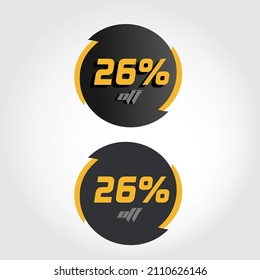 Label 26% off in circle with black and yellow tips, modern style and letters and numbers with and without shadows