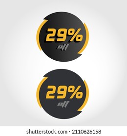Label 29% off in circle with black and yellow tips, modern style and letters and numbers with and without shadows