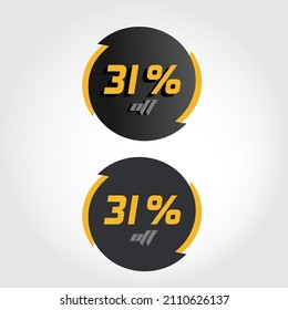 Label 31% off in circle with black and yellow tips, modern style and letters and numbers with and without shadows