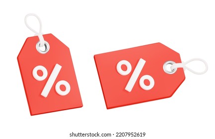 Etiqueta 3d. Etiqueta roja con el símbolo porcentual de descuento. Promoción. Iconos aislados, objetos sobre un fondo transparente