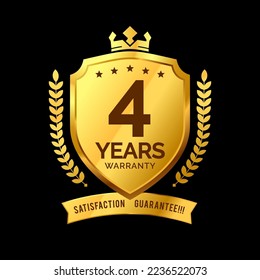 label 4 years warranty protective icon badge . design the shape of a golden shield with a king's crown. vector illustration eps 10