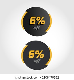 Label 6% off in circle with black and yellow tips, modern style and letters and numbers with and without shadows