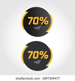 Etiquetar el 70% en círculo con puntas negras y amarillas, estilo moderno y letras y números con y sin sombras
