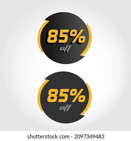 Etiquetar el 85% en círculo con puntas negras y amarillas, estilo moderno y letras y números con y sin sombras
