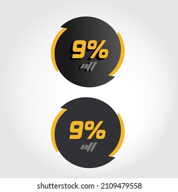 Label 9% off in circle with black and yellow tips, modern style and letters and numbers with and without shadows
