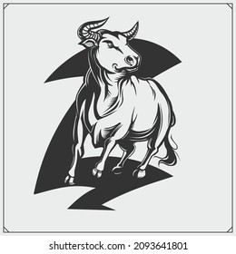 Label with aggressive bull. Corrida emblem. Vector illustration. Print design for t-shirt.