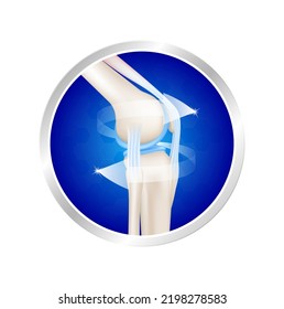 Label aluminum bone healthy with arrow around. Leg knee joint side view. Vitamin and Calcium minerals. logo template for use in product design. Medical food supplement concepts. 3D Realistic Vector.