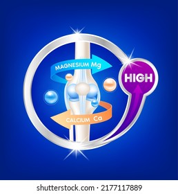 label aluminum healthy bone with a circular arrow around. Magnesium and Calcium high. Vitamins minerals logo products template design. Medical food supplement concepts. 3D Realistic Vector EPS10.