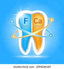 label aluminum healthy tooth. Teeth healthy sparkling white with calcium and fluorine. Can be used in children dentist clinic. Medical health and dentistry concept. Vector EPS10.