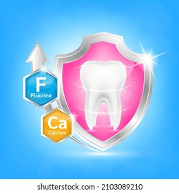 label aluminum healthy tooth. Teeth healthy sparkling white with calcium and fluorine. Can be used in children dentist clinic. Medical health and dentistry concept. Vector EPS10.