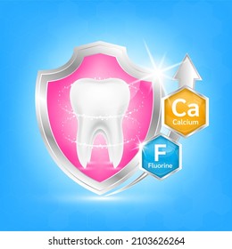 label aluminum healthy tooth. Teeth healthy sparkling white with calcium and fluorine. Can be used in children dentist clinic. Medical health and dentistry concept. Vector EPS10.