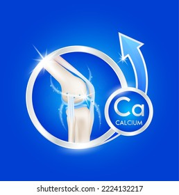 label aluminum joints healthy and calcium with blue arrow. Human bone anatomy. Vitamins minerals logo products template design. Medical food supplement concepts. 3D Realistic Vector EPS10.